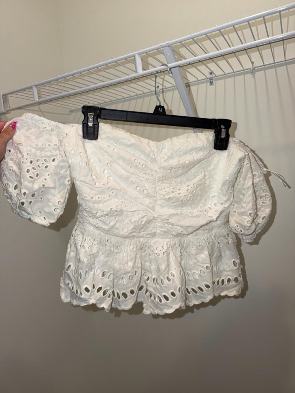 Express White Eyelet Off-Shoulder Peplum Blouse